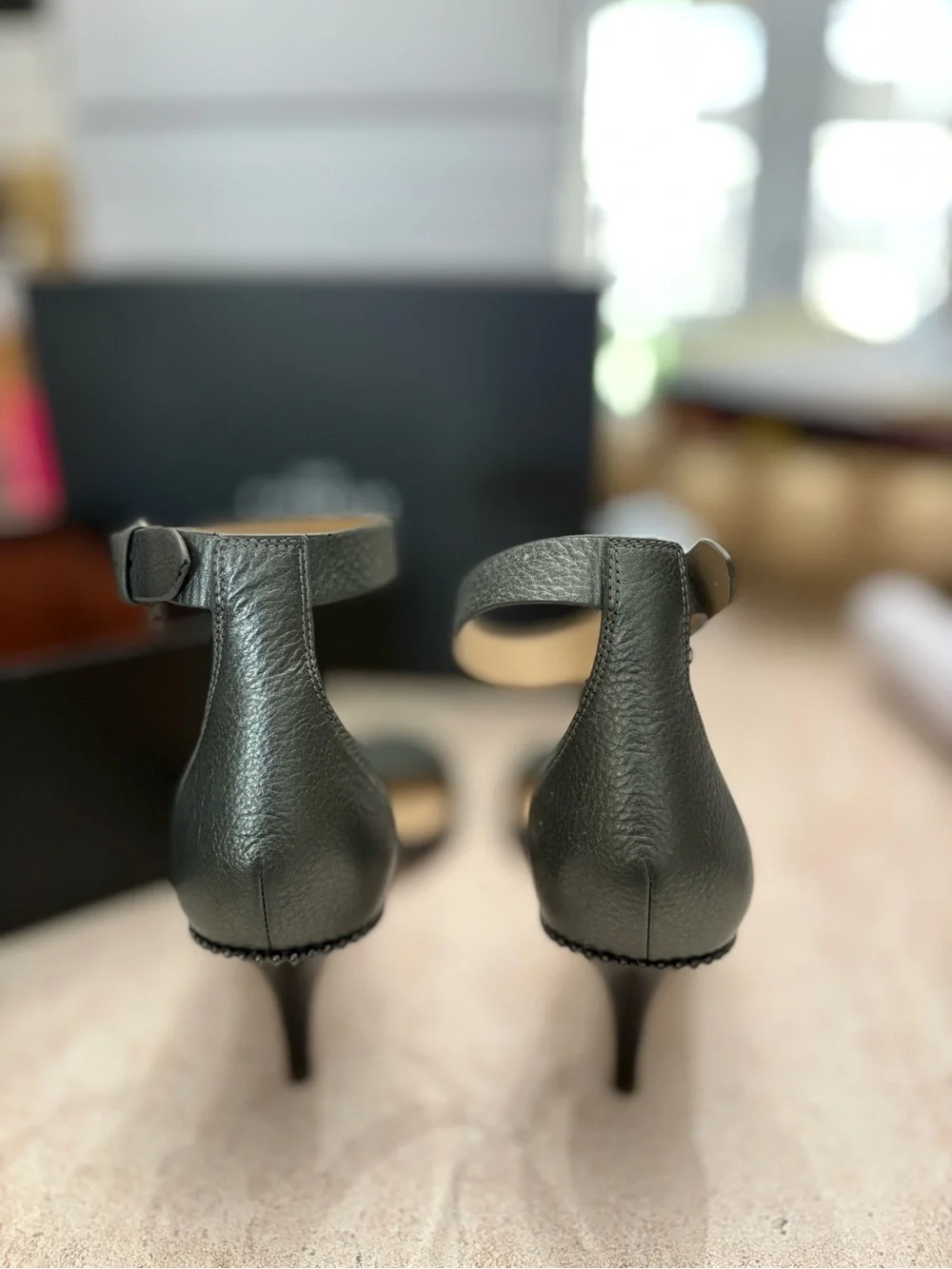 Coach Metallic Gray Ankle Strap Heels